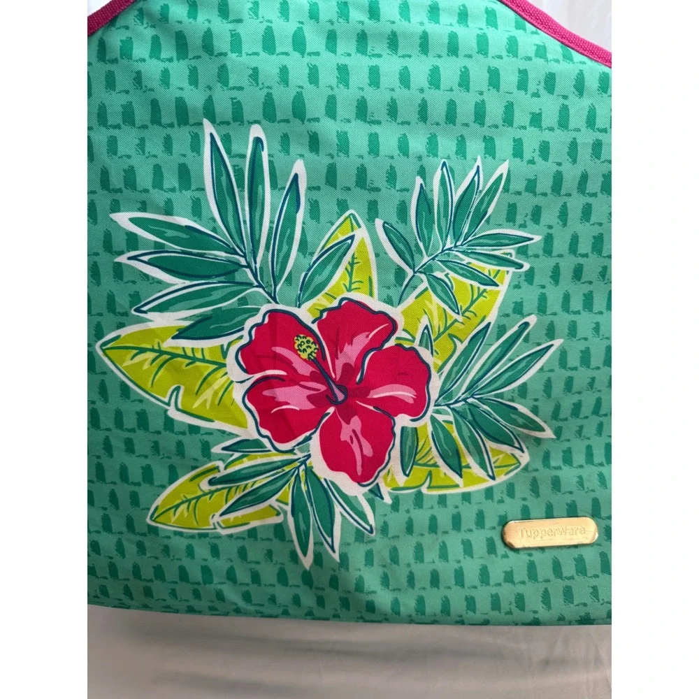 Tupperware Tropical Hibiscus Insulated Cooler Tote Beach Bag Large Green Pink